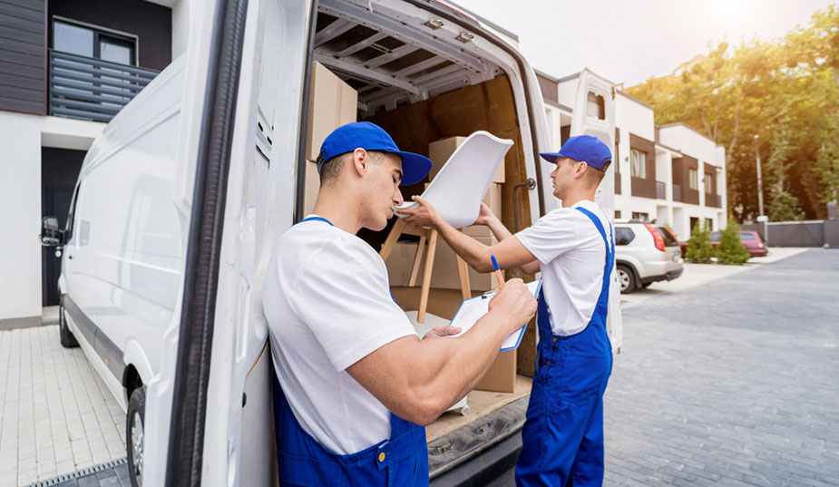 Radnici u plavim uniformama utovaraju kartonske kutije u kombi vozilo